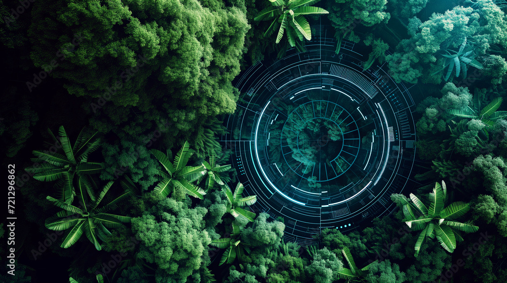 Poster overhead view of a dense forest with a futuristic circular holographic interface glowing amidst the 