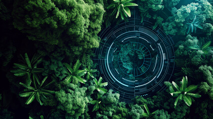 overhead view of a dense forest with a futuristic circular holographic interface glowing amidst the trees