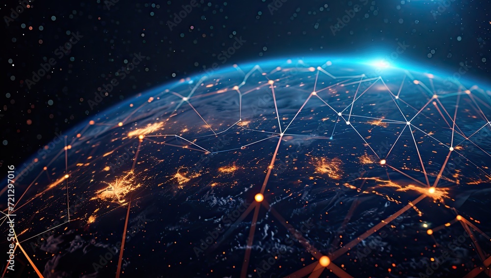 Poster a visualization of data exchange worldwide, with earth connected to a global network.