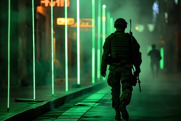 A cinematic shot of an armed soldier walking along a city street at night