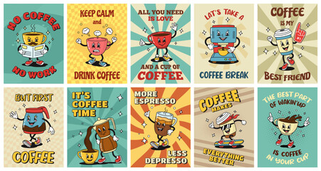 Retro coffee posters. Cartoon espresso cups, coffee house stickers with slogans in style of 1930s rubber hose animation. Vector illustration set