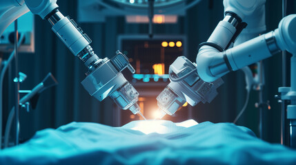 Future robot arm that performs medical surgical care, automated with precision in the future. With remote control from the hospital - obrazy, fototapety, plakaty