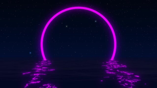 Neon circles on a starry sky and water waves bright neon rays, vibrant shine with neon glow rings in ocean waves. Screensaver for advertising and space for products. Full moon party background