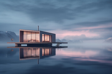 Fototapeta premium traditional norwegian wooden house to stand at the lakeside and mountains in the distance.