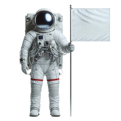 A modern astronaut in a detailed spacesuit stands holding a blank white flag, ready for branding or messages, isolated on transparent background.