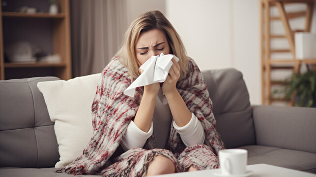Sick woman covered with a blanket lying in bed with high fever and a flu, blowing her nose. Pills and glass of water on the table. Woman sneezing in a tissue in the living room