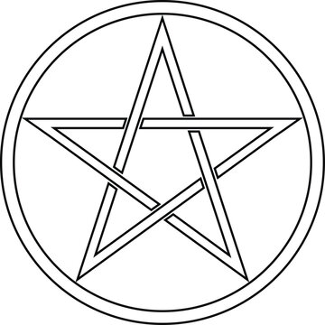 Pentagram sign - five-pointed star. Magical symbol of faith. Simple flat white illustration with black outline.