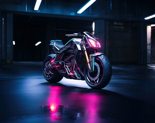 Motorbike with led lights inside a parking garage