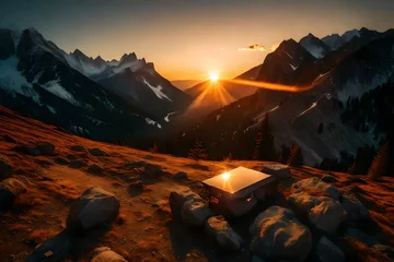 Schilderijen op glas sunrise in the mountains © AI artistic beauty