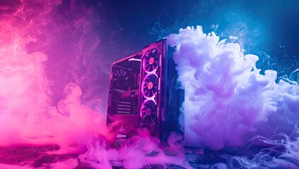 A GPU featuring spinning cooling fans surrounded by vibrant, swirling smoke.