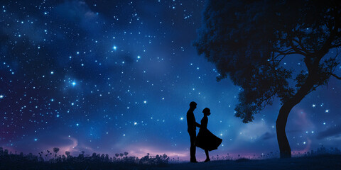 A couple stands in silhouette under a majestic night sky filled with stars, adding a romantic atmosphere to the scenic celestial backdrop.
