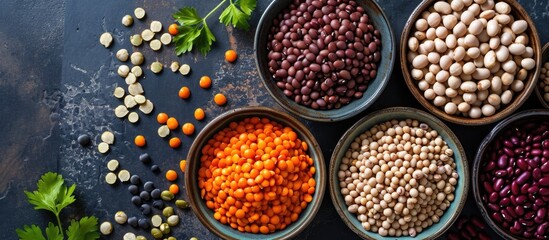 Assortment of vegan protein from legumes and beans.