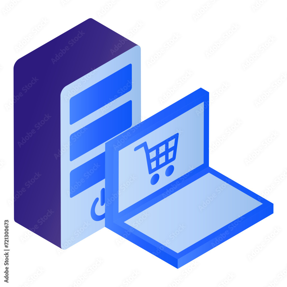 Poster hosted e commerce server isometric concept, online shopping cart software and webapp vector icon des