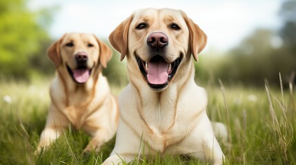 Happy labrador retriever is lying on the grass. Closeup of cute, healthy labrador dogs lying and...