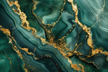 Schilderijen op glas Emerald stone surface texture with gold inclusions. Bright natural mineral background © Svetlana Lerie