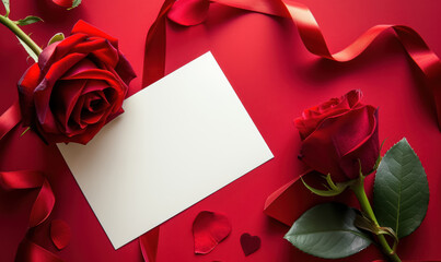 valentine's day concept with rose and ribbon    and blank white card   and  copy space for text  