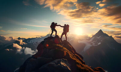 Friends helping each other reach the mountain top, mountaineers standing together and reaching out to one another in the sunset. Concept of mutual support and achievement on a mountain at sunset.