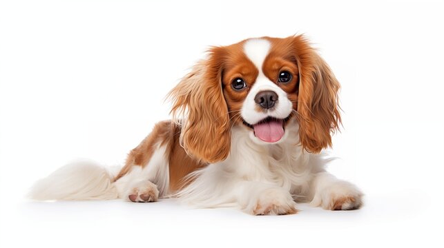 Cavalier king charles spaniel is posing. Young happy dog on a white background.