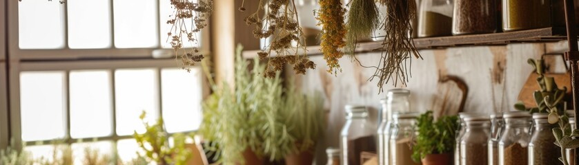 A cozy kitchen corner filled with hanging dried herbs and shelves of glass jars with organic spices, homey and warm atmosphere
