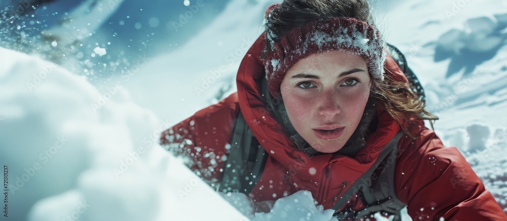 Poster Brave Young Woman Fearlessly Searches for Avalanche Victims in Deep Snow