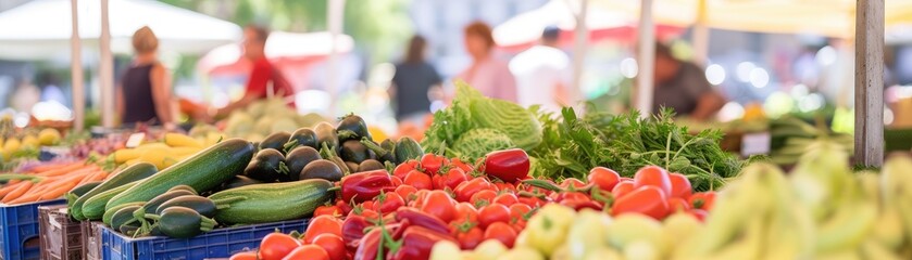 A local farmer's market scene, vibrant stalls overflowing with organic produce, happy customers in the background - obrazy, fototapety, plakaty