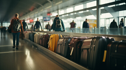 Suitcases on conveyor belt on airport. AI - 721301257