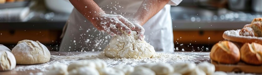 A step-by-step visual guide to making artisan bread, showcasing the mixing, kneading, and baking processes - obrazy, fototapety, plakaty