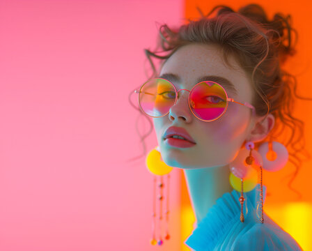 Fashion editorial Concept. Closeup portrait of pretty woman with oversized neon sunglass glasses accessories jewelry of candy loud 70s colourful retro mirror yarn resin. copy text space