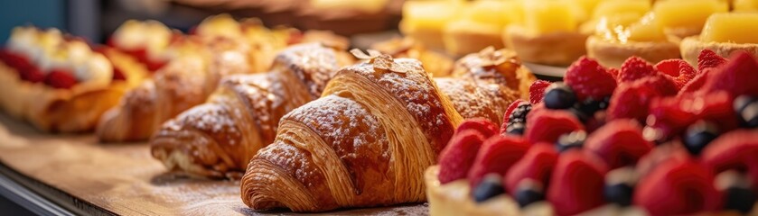 Artisanal pastry shop setting with an array of freshly baked croissants, Danish pastries, and fruit tarts, elegant presentation