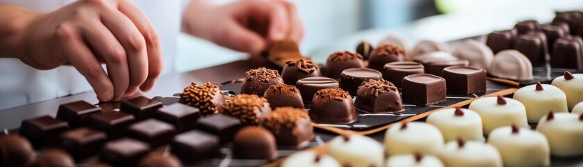 Artisanal confectioner crafting handmade chocolates, with a focus on the detailed process and high-quality ingredients