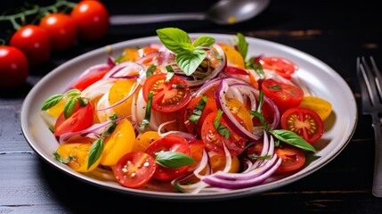 Plate with tomatoes, onions and basil. Neural network AI generated art