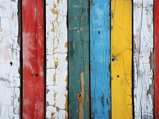 old wooden wall Horizontal retro background with wooden planks of different colors, background, Texture of vintage wood boards with cracked paint of white, red, yellow and blue color