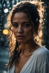 A Beautiful Close Up Photograph Of A Girl Standing In The Rain. The Raindrops Are Illuminated By A Light Source, Creating A Sparkling Effect