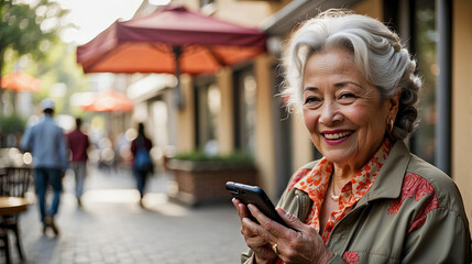 Elderly woman retired hispanic latino mother or grandmother smiling and enjoying outdoors with a smartphone or phone on her hands standing on a busy street.