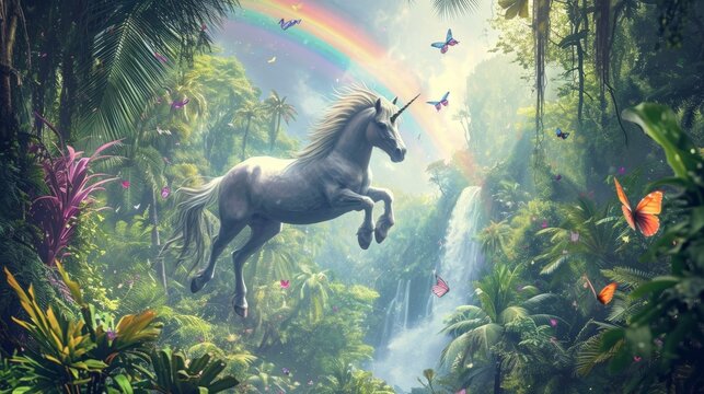 Unicorn Flying over Tropical Forest with Rainbow and Butterflies