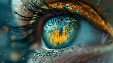 City Lights in Sight: Macro Photography of an Eye with Urban Skyline Reflection