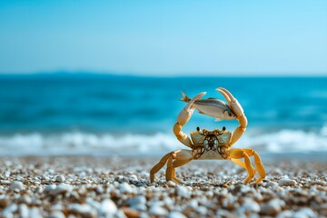 Crab Holding a Fish on a Pebble Beach with Ocean in the Background