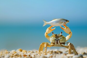 Crab in a Defensive Pose Holding a Fish on a Sunny Beach