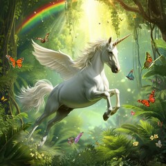 Obraz na płótnie Canvas Unicorn Flying over Tropical Forest with Rainbow and Butterflies