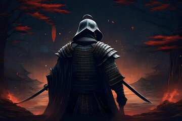 Epic samurai wallpaper from behind looking slightly to the right, face covered in the hood, insane. AI illustration - obrazy, fototapety, plakaty
