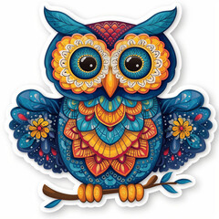 Sticker, owl , decorated with zentangle patterns, isolated over white background, generated AI