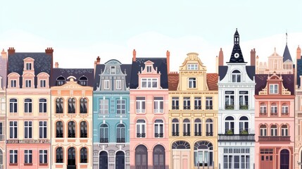 Fototapeta na wymiar Row of stylized European buildings in pastel colors. Urban landscape with townhouses. City architecture vector illustration