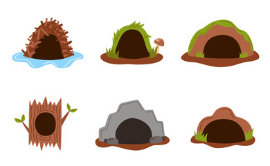 Set of cute animals burrows and homes in cartoon style.