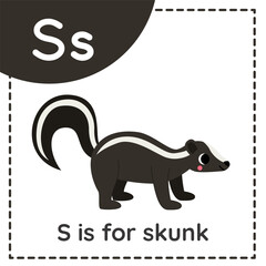 Learning English alphabet for kids. Letter S. Cute cartoon skunk.