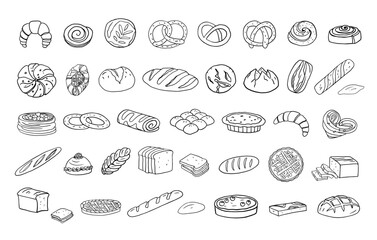 Set of bakery products in doodle style. Roll, bagel, croissant, bread, bun, loaf, white bread, baguette, bun, pretzel, swiss roll, challah, rye and wheat bread. Great for banners, menu design.
