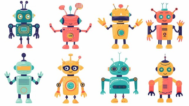 Set of happy funny cartoon childish robots wave hand, say hello. Cute kid cyborgs, retro, futuristic modern bots, android, smiling characters in flat vector illustration isolated on white background