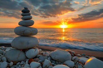 Tranquil seashore sunset with a captivating stones pyramid, offering a serene and balanced natural composition. Coastal harmony in a picturesque stock photo.