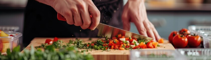 Close-up of hands chopping vibrant organic vegetables and herbs on a bamboo cutting board, with meal prep containers in the background