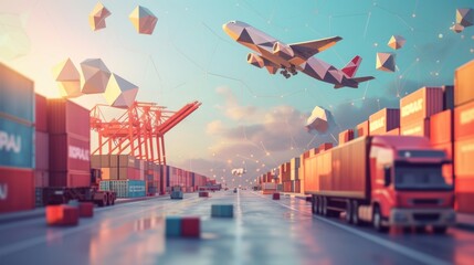 Third party logistics, 3pl, transport, cargo export, import. Integrated warehousing and transportation operation service. Air, road, maritime delivery. Digital polygonal low poly 3d mesh illustration - obrazy, fototapety, plakaty