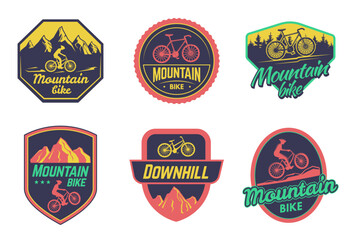 Downhill sticker, outdoor freestyle bicycle and bike riders emblems vector set